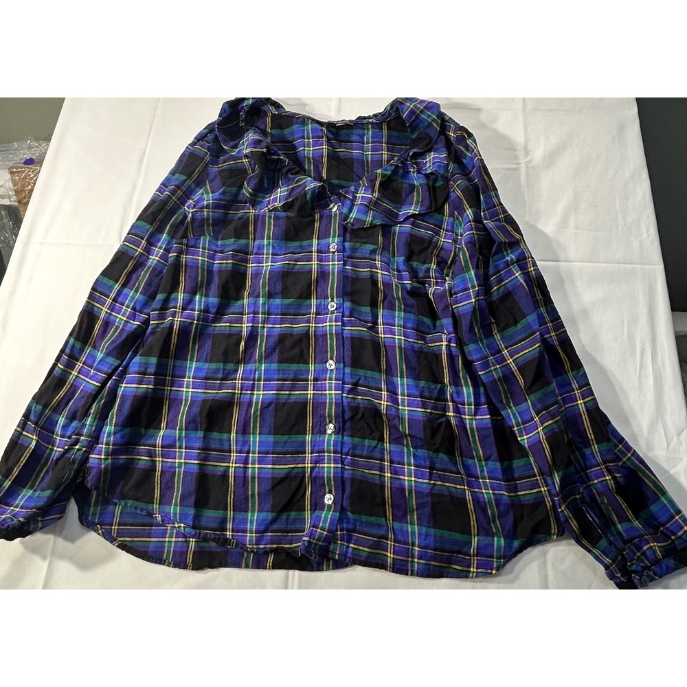 Talbots XL Blue Purple Green Plaid Ruffle Collar Button Down Blouse Top